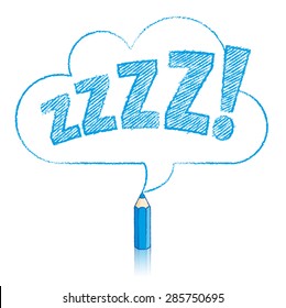 Blue Pencil with Reflection Drawing Snoring Zzzz Cloud Shaped Speech Bubble on White Background