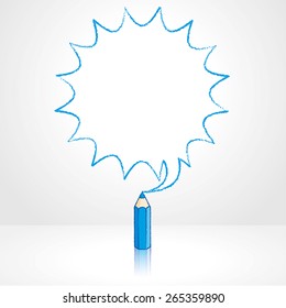 Blue Pencil with Reflection Drawing Starburst Speech Bubble Grey Background
