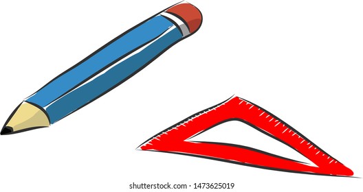 A blue pencil with a rubber and a ruler, vector, color drawing or illustration.