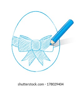 Blue Pencil with Shadow Coloring an Easter Egg with Bow on White Background - Vector