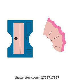 Afiador de lápis azul e raspagem de lápis, ilustração vetorial plana de artigos de papelaria escolares.