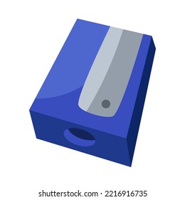 Blue pencil sharpener vector illustration. School supplies, cartoon drawing of tool for sharpening pencils isolated on white background. Back to school, education concept