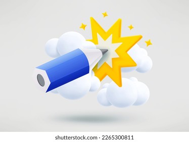 Blue pencil with star flash. Creative concept. 3d vector illustration