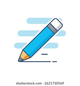 A blue pencil writes on pale blue lines in a flat design vector illustration style on White Background.