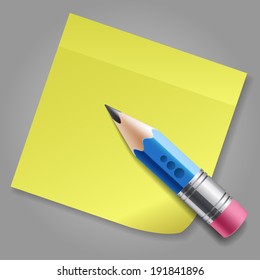 Blue pencil and yellow sticker reminder page, isolated