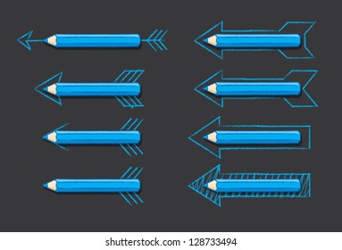 Blue Pencils Overlaying Various Drawn Arrows on Black Background - Vector