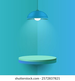 Blue pendant lamp illuminating a round floating shelf. Minimalistic interior design with soft shadows and warm light, cozy atmosphere, mockup design with spotlight effect