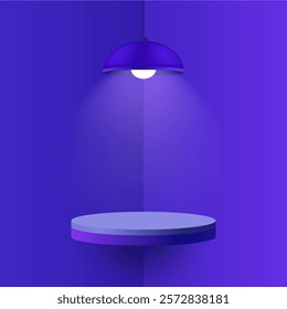 Blue pendant lamp illuminating a round floating shelf. Minimalistic interior design with soft shadows and warm light, cozy atmosphere, mockup design with spotlight effect