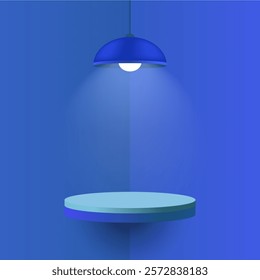 Blue pendant lamp illuminating a round floating shelf. Minimalistic interior design with soft shadows and warm light, cozy atmosphere, mockup design with spotlight effect