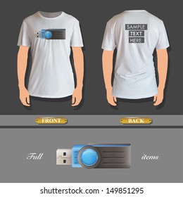 blue pendrive printed on shirt. vector design 