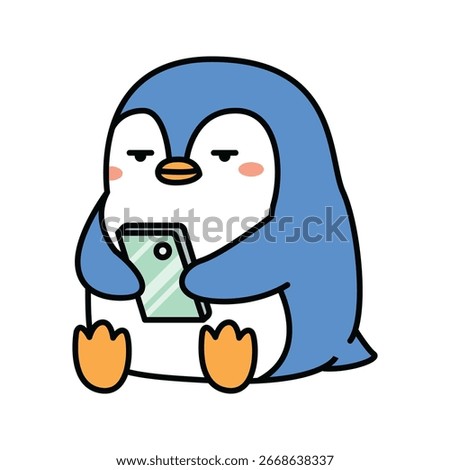 Blue penguin holding a smartphone, chubby character sits with a skeptical look, rounded thick outlines and soft pastels on a clean white background, kawaii flat style for social media and screen time.