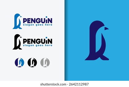 Blue penguin logo illustrated in flat minimalist design style. Vector logo illustration.