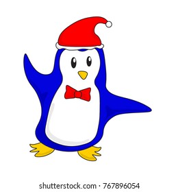 Blue Penguin Using Santa Hat Vector Illustration Isolated On White Background. Cute Blue Penguin Cartoon Character.