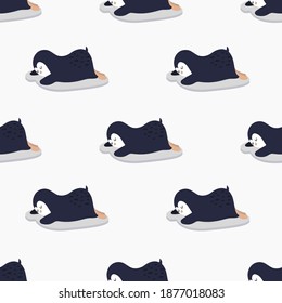 Blue penguins sleep on an ice floe. Seamless background with cute animals. Decorative wallpaper for the nursery. Vector. Suitable for children's clothing, interior design, packaging, printing.