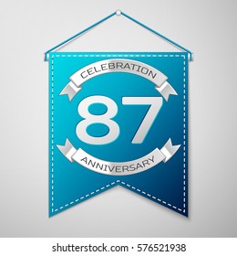 Blue pennant with inscription Eighty seven Years Anniversary Celebration Design over a grey background. Silver ribbon. Colorful template elements for your birthday party. Vector illustration