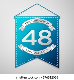 Blue pennant with inscription Forty eight Years Anniversary Celebration Design over a grey background. Silver ribbon. Colorful template elements for your birthday party. Vector illustration