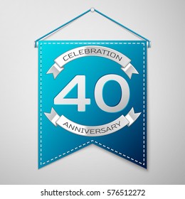 Blue pennant with inscription Forty Years Anniversary Celebration Design over a grey background. Silver ribbon. Colorful template elements for your birthday party. Vector illustration