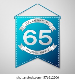 Blue pennant with inscription Sixty five Years Anniversary Celebration Design over a grey background. Silver ribbon. Colorful template elements for your birthday party. Vector illustration