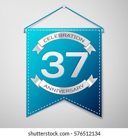 Blue pennant with inscription Thirty seven Years Anniversary Celebration Design over a grey background. Silver ribbon. Colorful template elements for your birthday party. Vector illustration