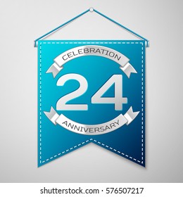 Blue pennant with inscription Twenty four Years Anniversary Celebration Design over a grey background. Silver ribbon. Colorful template elements for your birthday party. Vector illustration
