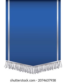 Blue pennant template in blue color with silver ribbons and fringes, isolated over white background.