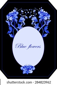 blue peonies in chinoiserie style with black background