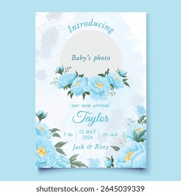 Blue peonies floral baby announcement invitation template with elegant design and "It's a boy" text, perfect for newborn celebration and greeting card