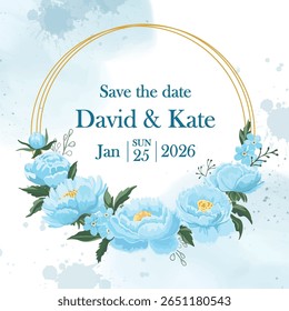 Blue peonies flowers frame with elegant design for wedding decoration, perfect for invitations, cards, and romantic stationery