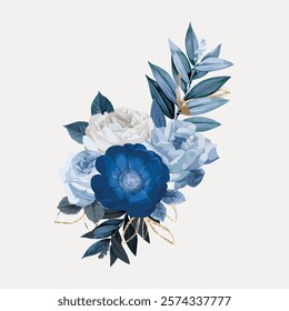 Blue peony flower element, vintage vector element. Blue flower botanical plant floral illustration. Blue peony flower vintage art illustration. Floral vector drawing artwork.