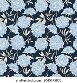 Blue Peony Flowers. Vector Floral Seamless Pattern of Peonies and Leaves.