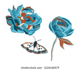 La peonía azul y la polilla aisladas en un fondo blanco. Objetos decorativos. Ilustración vectorial en estilo vintage, arte de tatuajes, diseño de camisetas.
