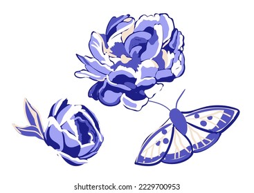 The blue peony and moth isolated on a white background. Decorative objects. Vector illustration in vintage style, tattoo art, t-shirt design.