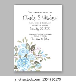Blue Peony wedding invitation greenery floral card template vector ranunculus rose