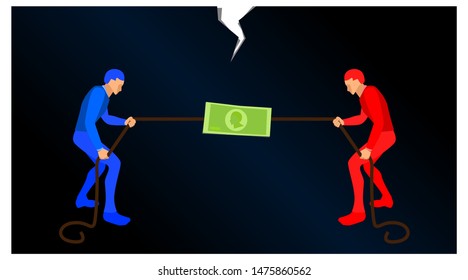 blue people and red people scrambling to pull a rope to get a symbol of money. illustration of competition in finance. vector full body landscape field. eps 10 vector file.