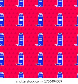 Blue Pepper spray icon isolated seamless pattern on red background. OC gas. Capsicum self defense aerosol.  Vector Illustration