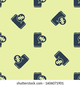 Blue Percent symbol discount and mobile phone icon isolated seamless pattern on yellow background. Sale percentage - price label, tag.  Vector Illustration