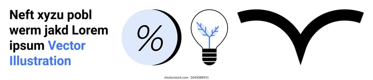 Símbolo de porcentagem azul, lâmpada com planta e seta decorativa preta. Ideal para educação, infográficos, apresentações de negócios, produtos ecológicos, sites, blogs e postagens de mídias sociais