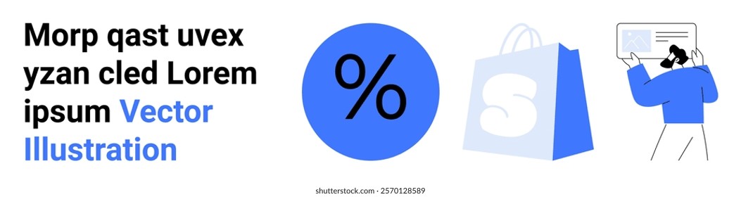 Blue percentage symbol, a shopping bag, and a person holding an ID card. Ideal for e-commerce, sales promotions, digital identification, online shopping, and marketing. Landing page