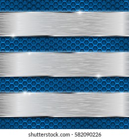 Blue perforated background with shiny stainless steel plates. Vector 3d illustration.