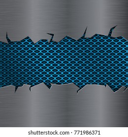 Blue perforated background under metal brushed plate with torn sharp edges. Vector 3d illustration