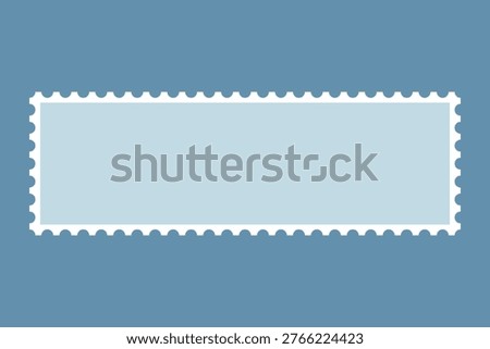 Blue perforated long rectangle postage stamp. A horizontal blank mail symbol with copy space and notched edges.