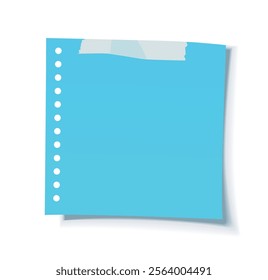 Blue perforated paper note with white adhesive tape on a white background, realistic vector illustration with shadows, ideal for reminders, creative projects, or presentations