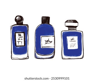 Frascos de perfume azul ilustração em várias formas e tamanhos. Estilo de desenho à mão. Design de moda e beleza. Design para cartaz, banner, impressão e cartão de mensagem.