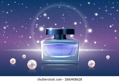 Blue perfume cosmetics vector illustration. 3d luxury realistic perfume ads design promo background with glass jar bottle mockup, night sky or open space, glittering bokeh star elements and pearls