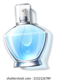 Blue perfume transparent bottle. Realistic glass mockup