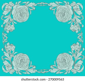 Blue persian buttercup or ranunculus, romantic vintage frame, vector design