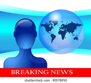 Blue person with earth globe presenting breaking news