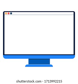 Blue personal computer isolated on white. Monoblock monitor screen. Flat cartoon style. Desktop and laptop. Electronic technology. Business, communication and education. Icon for web and interface