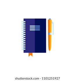 Blue personal organizer with orange pen. Blank planner, notebook or diary note pad. Education and business attribute or symbol. Vector flat isolated illustration.