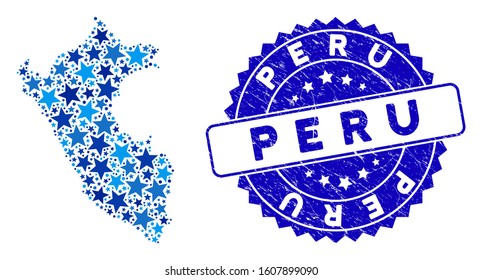 Blue Peru map collage of stars, and grunge rounded stamp seal. Abstract geographic plan in blue shades. Vector Peru map is formed of blue stars. Designed for political and patriotic promotion.